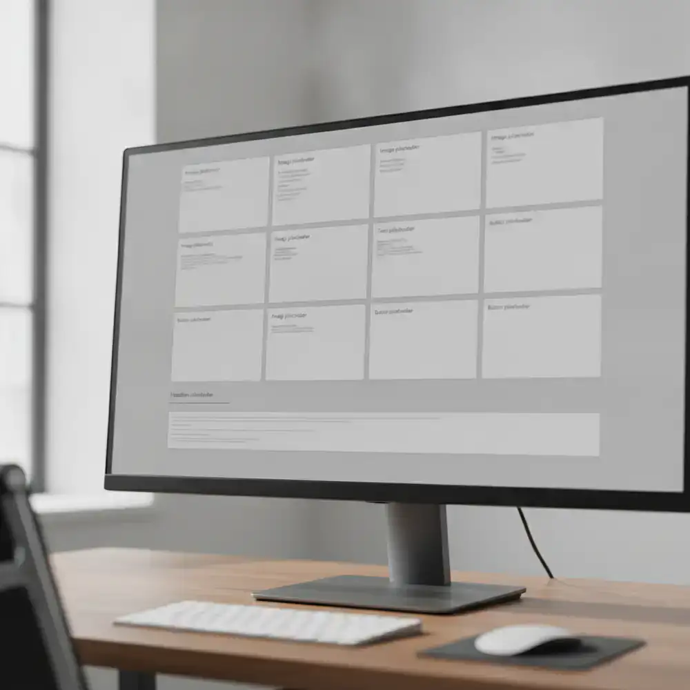 Early wireframe showing blank tiles and unstyled text