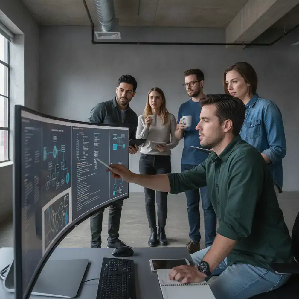 Game development team reviewing puzzle algorithms on a monitor
