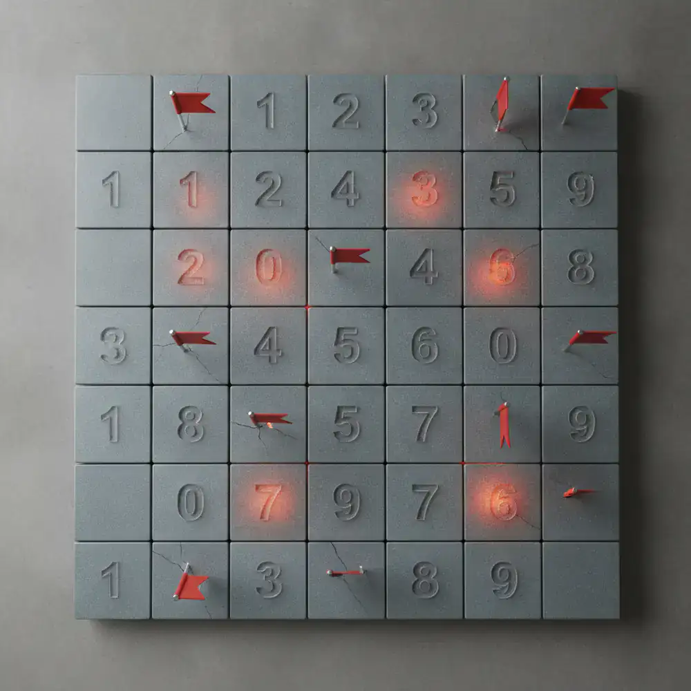 Visual block displaying a classic puzzle grid with clean number tiles, red warning flags, and hidden danger zones