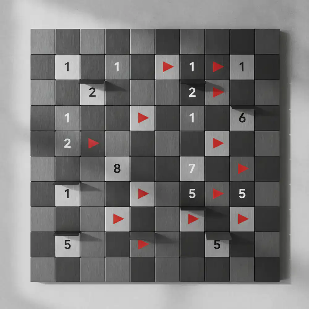 Visual gameplay grid showcasing revealed number tiles and red warning flags