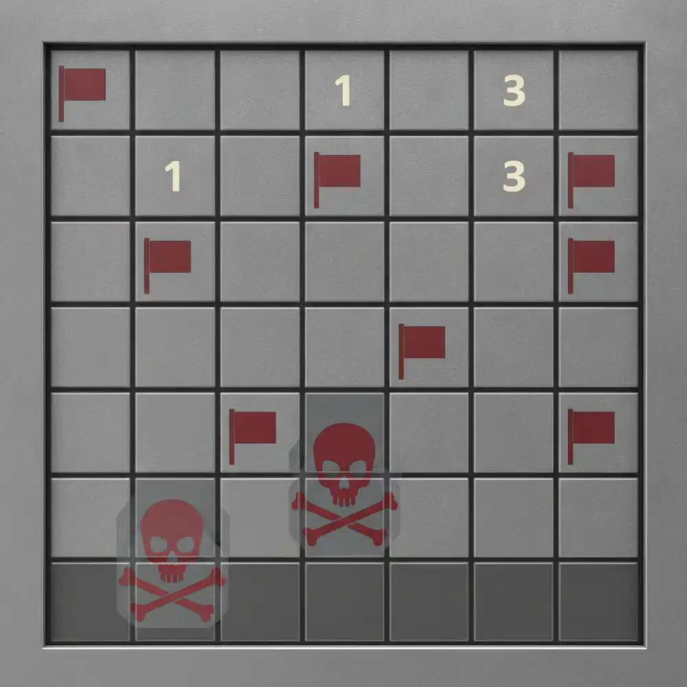 Classic puzzle grid interface with number tiles, red flags, and hidden danger zones