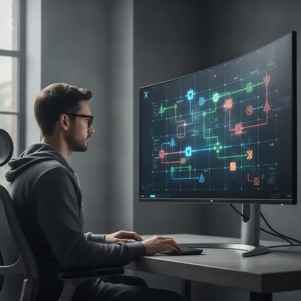 A playtester analyzing a complex grid puzzle on a wide monitor
